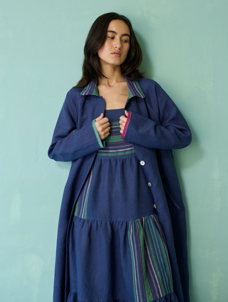 Pera Border Linen Co-ord Set - Indigo linen co-ord set by Manan in navy for women in Singapore