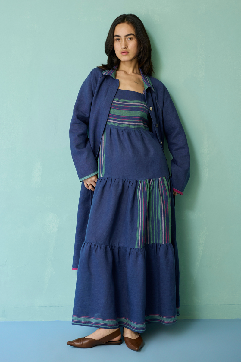 Pera Border Linen Co-ord Set - Indigo linen co-ord set by Manan in navy for women in Singapore