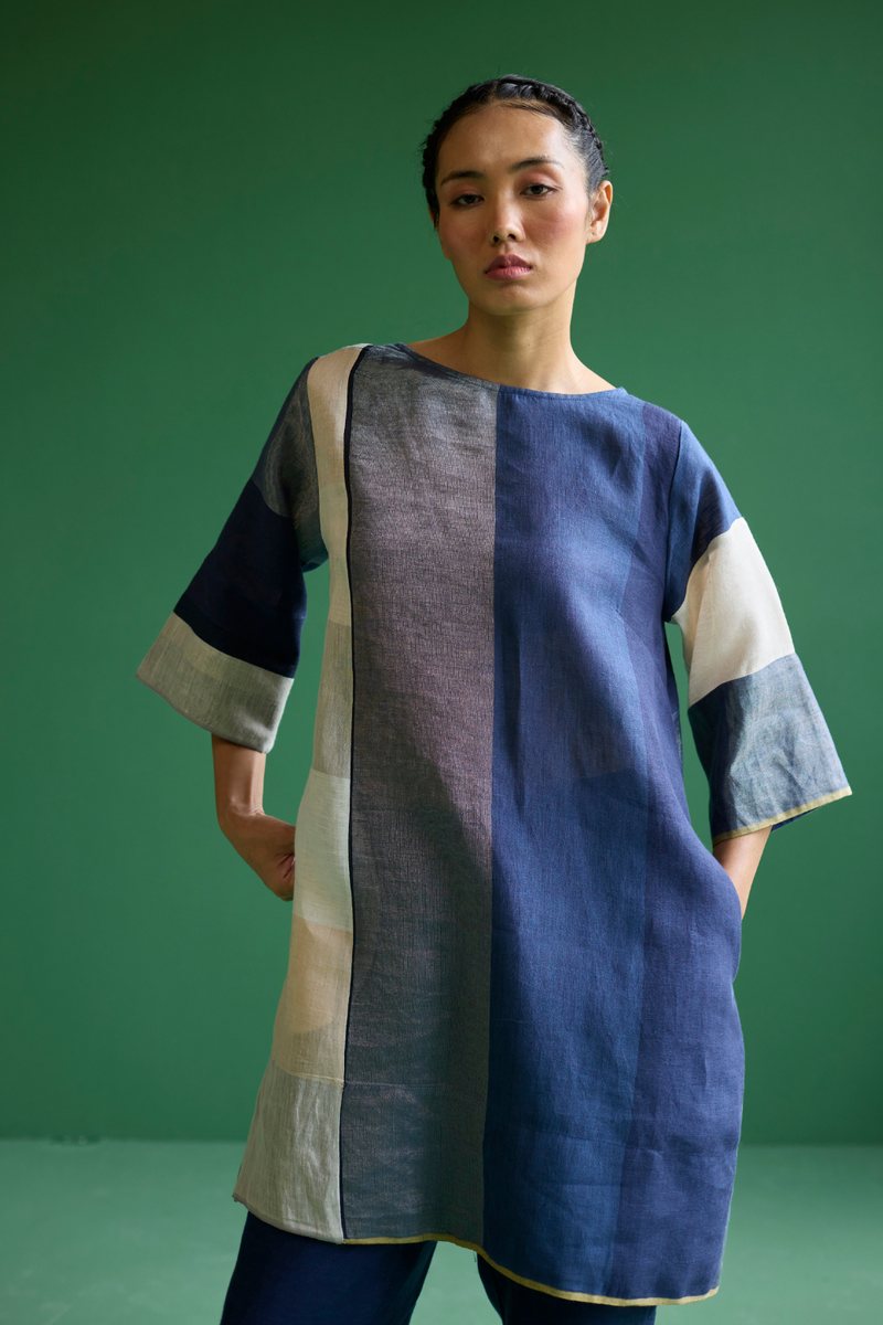 Lina Color-Blocked Co-ord Set
 - Navy linen by Manan in navy color for women in Singapore