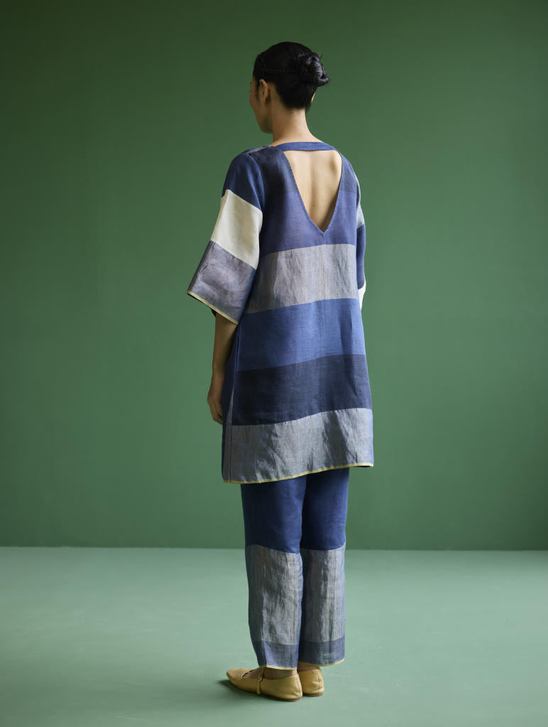Lina Color-Blocked Co-ord Set
 - Navy linen by Manan in navy color for women in Singapore