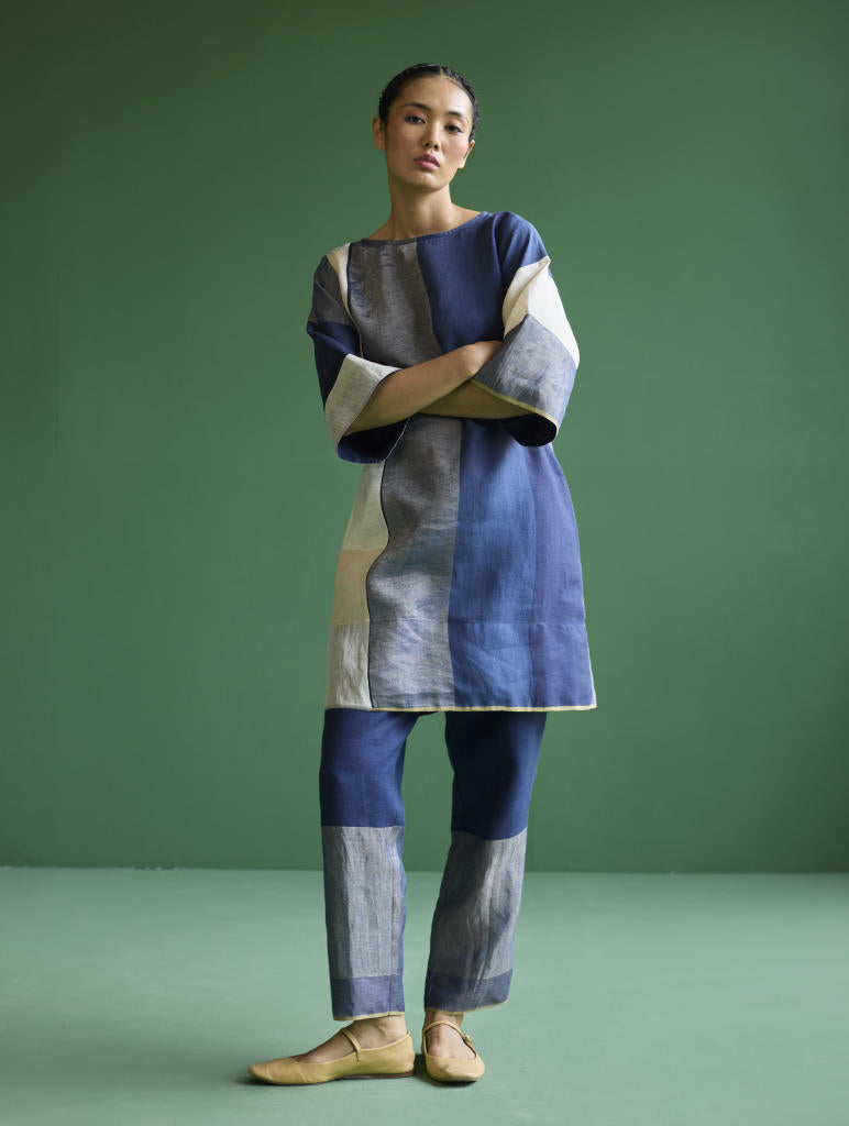 Lina Color-Blocked Co-ord Set
 - Navy linen by Manan in navy color for women in Singapore