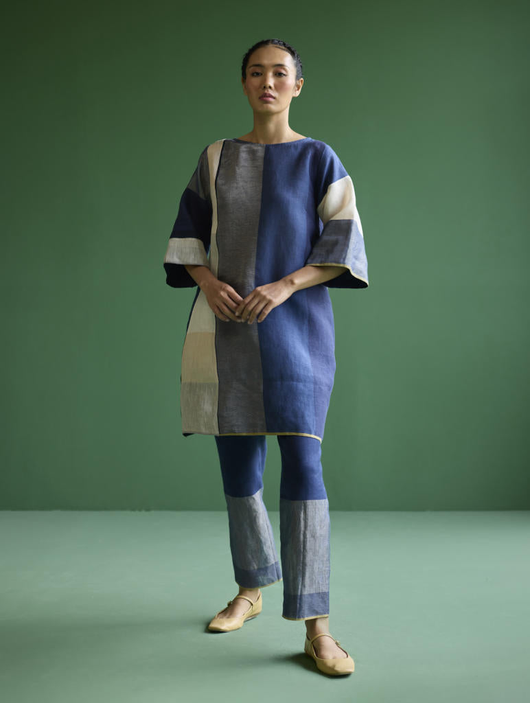 Lina Color-Blocked Co-ord Set
 - Navy linen by Manan in navy color for women in Singapore