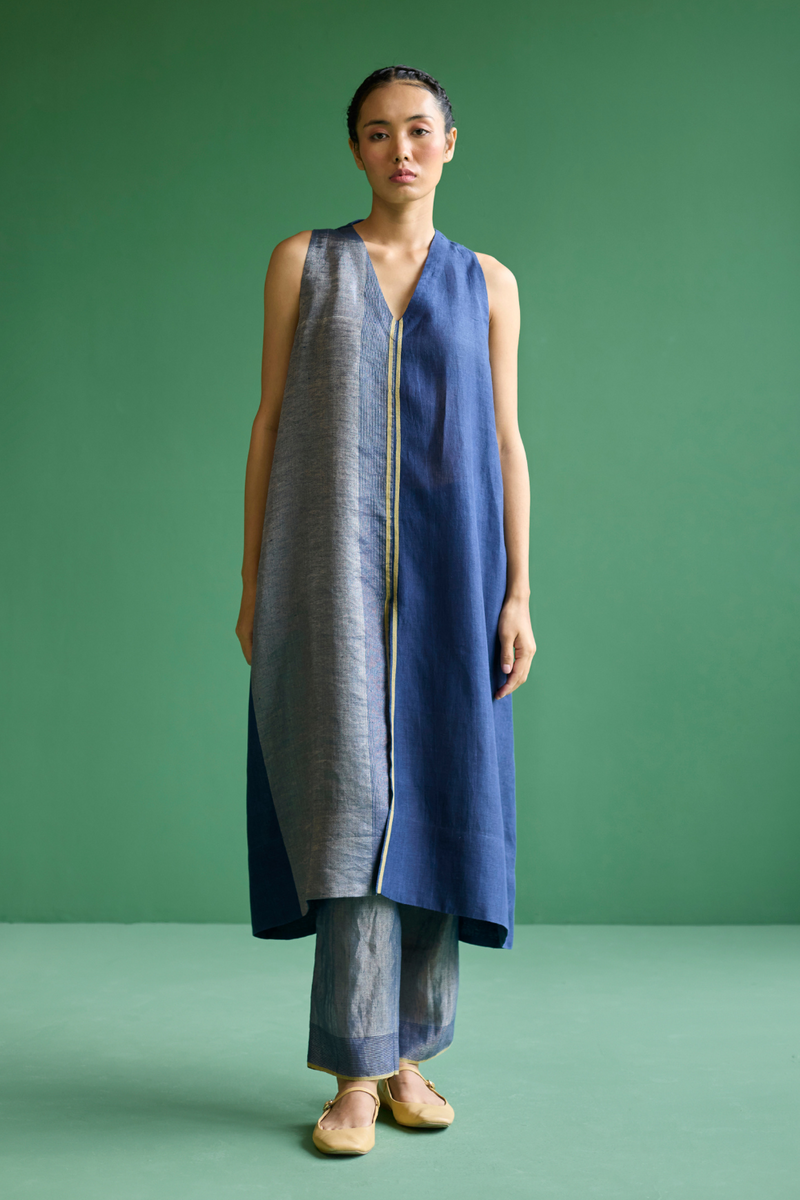 Ayana Metallic Linen Border Top - Navy linen by Manan in navy color for women in Singapore