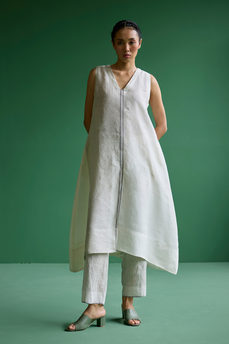 Ayana Metallic Linen Border Top - Ivory linen by Manan in ivory color for women in Singapore