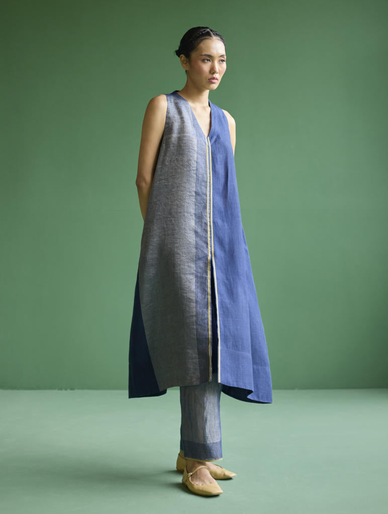Ayana Metallic Linen Border Top - Navy linen by Manan in navy color for women in Singapore