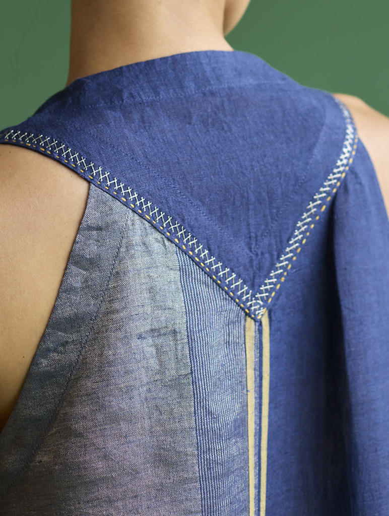 Ayana Metallic Linen Border Top - Navy linen by Manan in navy color for women in Singapore