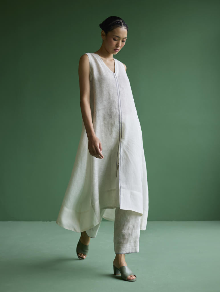 Ayana Metallic Linen Border Top - Ivory linen by Manan in ivory color for women in Singapore