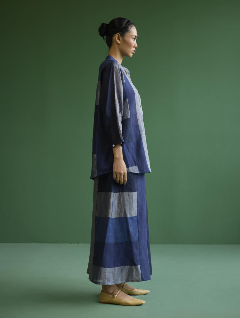 Izara Stripe Patchwork Linen Shirt
 - Navy linen by Manan in navy color for women in Singapore