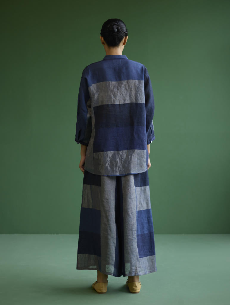 Izara Stripe Patchwork Linen Shirt
 - Navy linen by Manan in navy color for women in Singapore