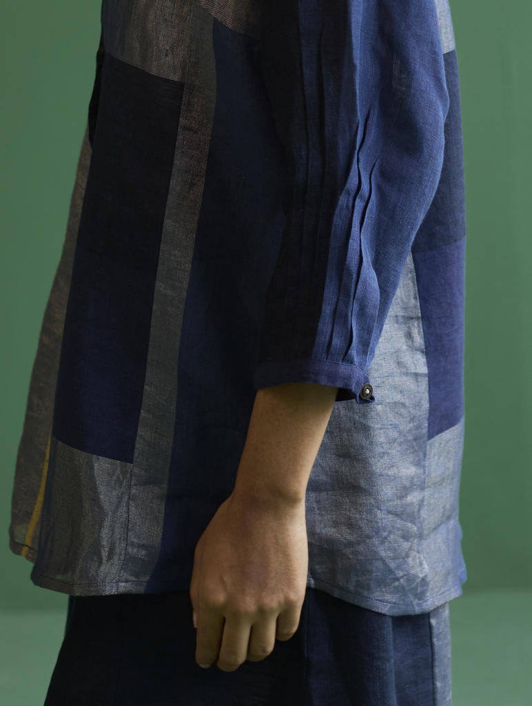 Izara Stripe Patchwork Linen Shirt
 - Navy linen by Manan in navy color for women in Singapore