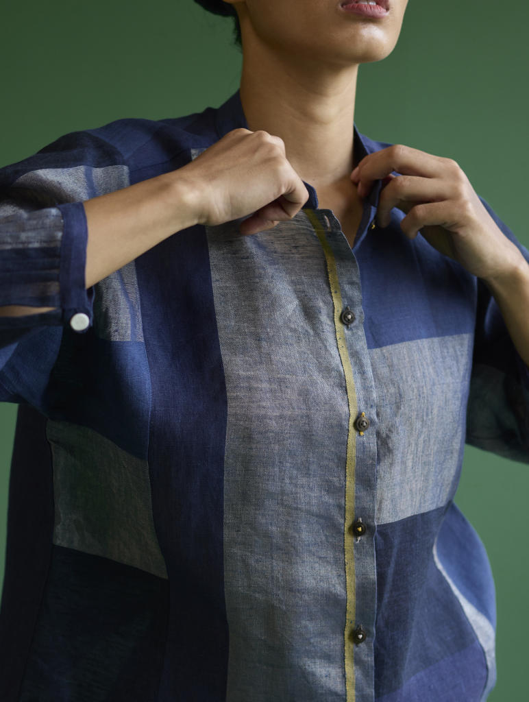 Izara Stripe Patchwork Linen Shirt
 - Navy linen by Manan in navy color for women in Singapore