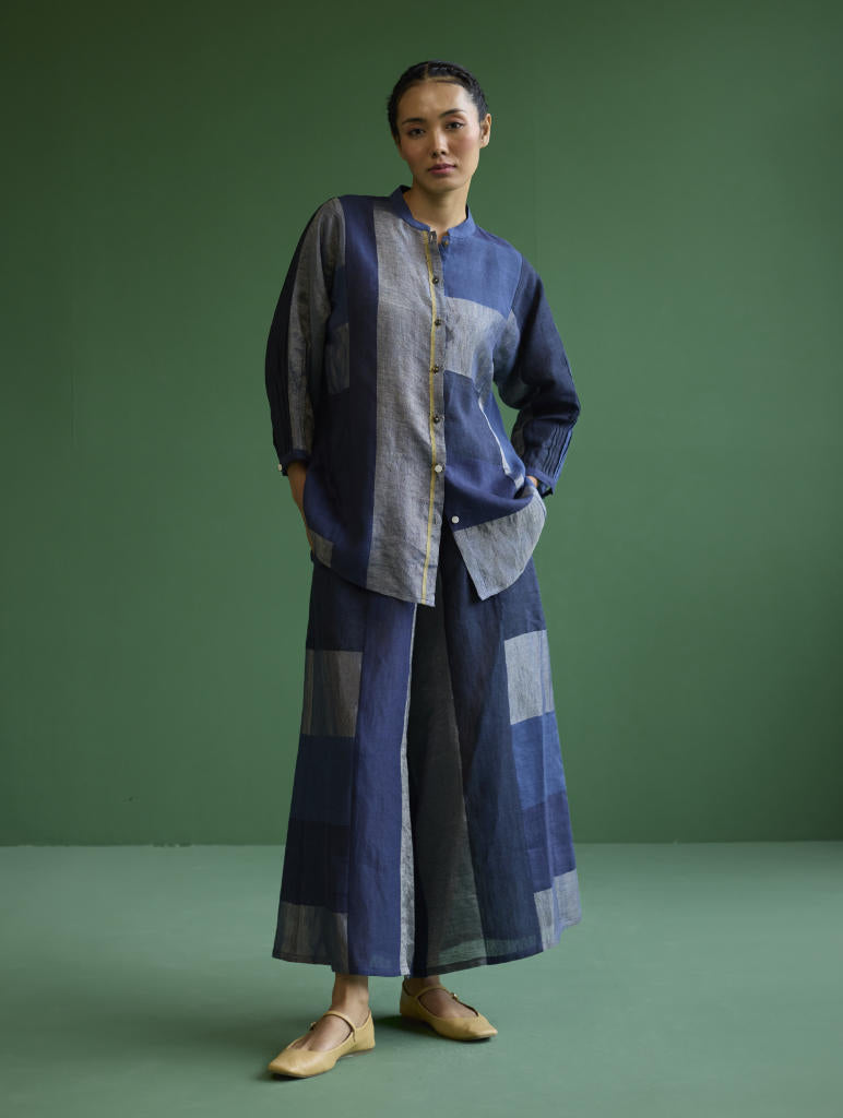 Izara Stripe Patchwork Linen Shirt
 - Navy linen by Manan in navy color for women in Singapore