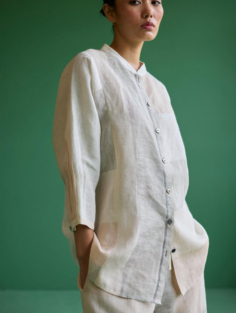 Izara Stripe Patchwork Linen Shirt
 - Ivory linen by Manan in ivory color for women in Singapore