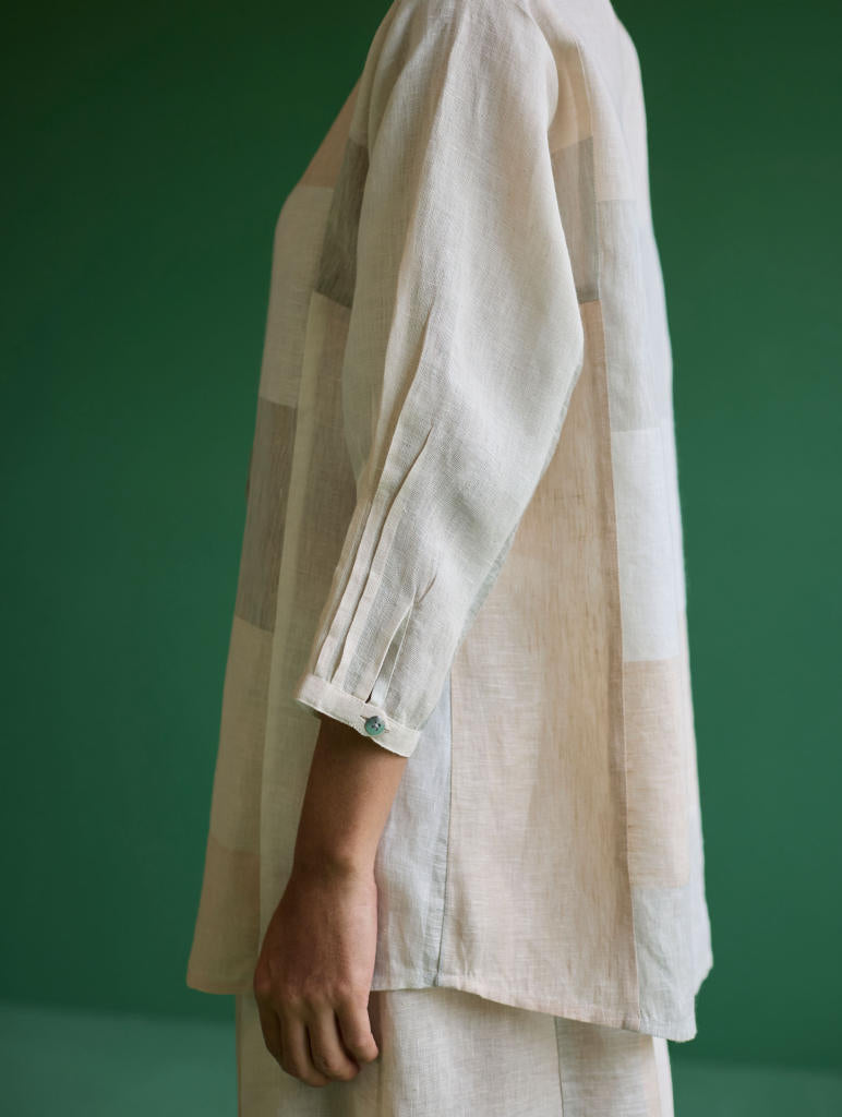 Izara Stripe Patchwork Linen Shirt
 - Ivory linen by Manan in ivory color for women in Singapore