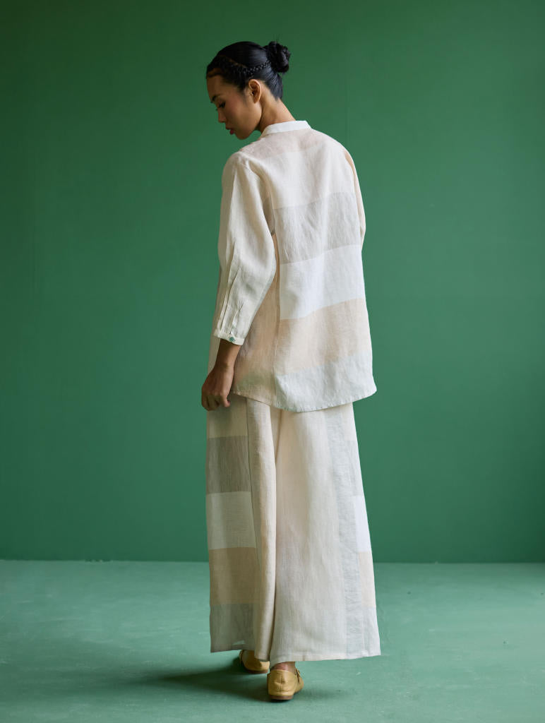 Izara Stripe Patchwork Linen Shirt
 - Ivory linen by Manan in ivory color for women in Singapore