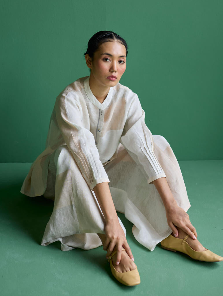 Izara Stripe Patchwork Linen Shirt
 - Ivory linen by Manan in ivory color for women in Singapore