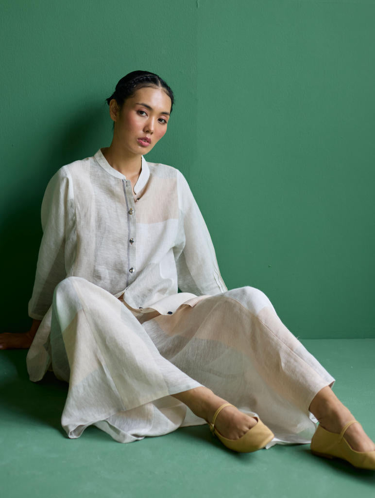Izara Stripe Patchwork Linen Shirt
 - Ivory linen by Manan in ivory color for women in Singapore