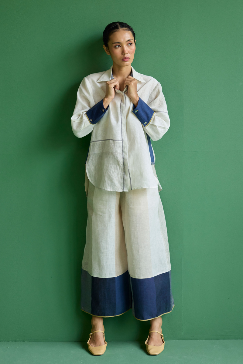 Yang Color-Blocked Metallic Linen Shirt
 - Ivory linen by Manan in ivory color for women in Singapore