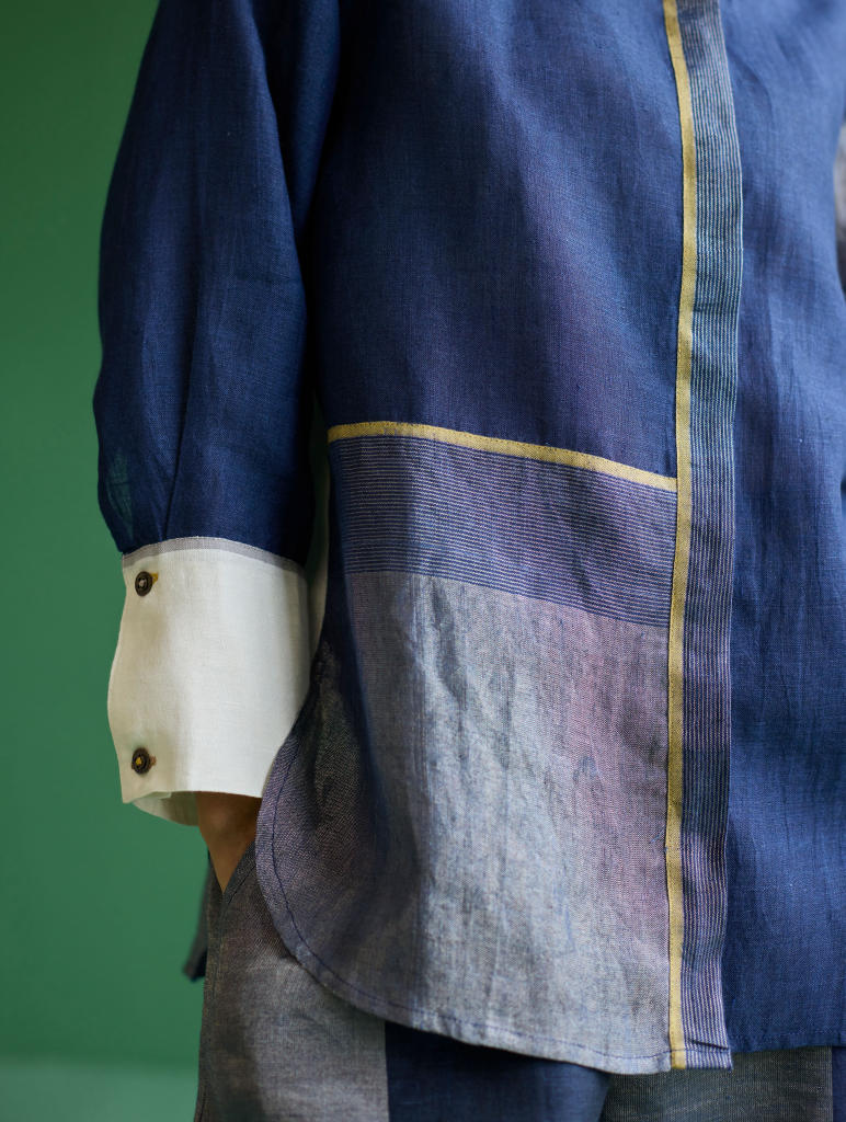 Yang Color-Blocked Metallic Linen Shirt
 - Navy linen by Manan in navy color for women in Singapore