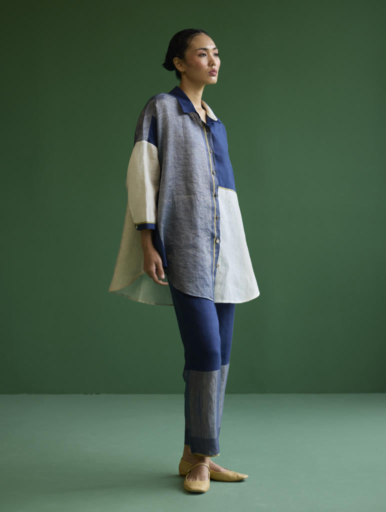 Esha Color-Blocked Shirt
 - Navy linen by Manan in navy color for women in Singapore