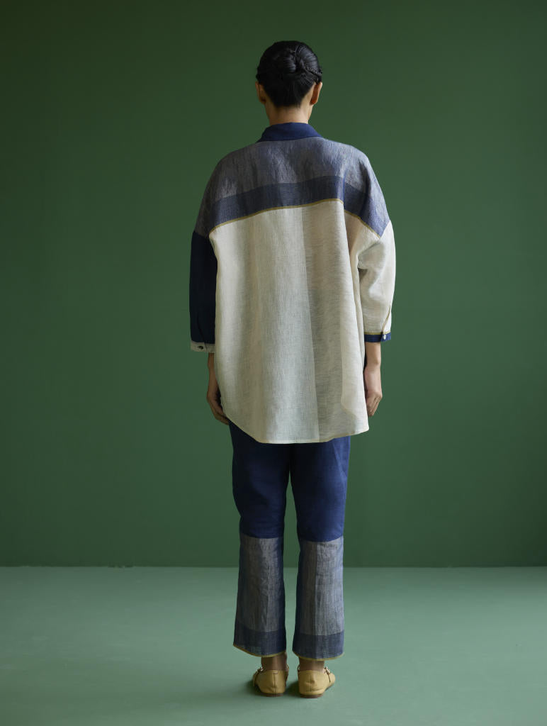 Esha Color-Blocked Shirt
 - Navy linen by Manan in navy color for women in Singapore