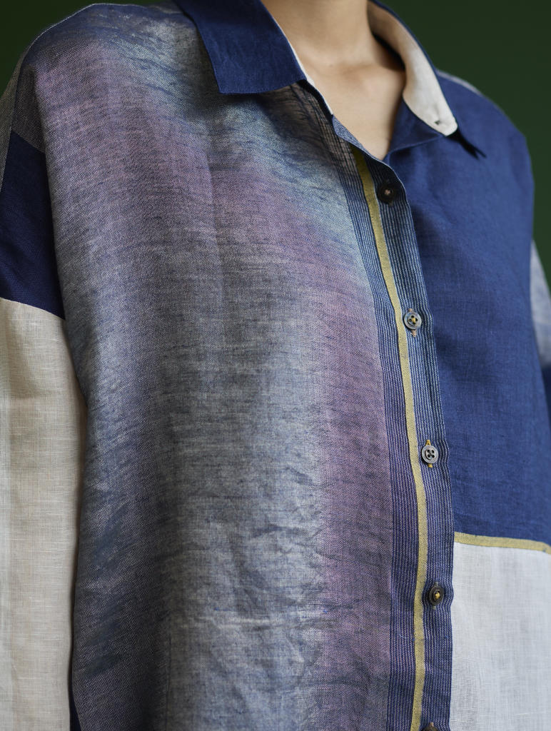 Esha Color-Blocked Shirt
 - Navy linen by Manan in navy color for women in Singapore