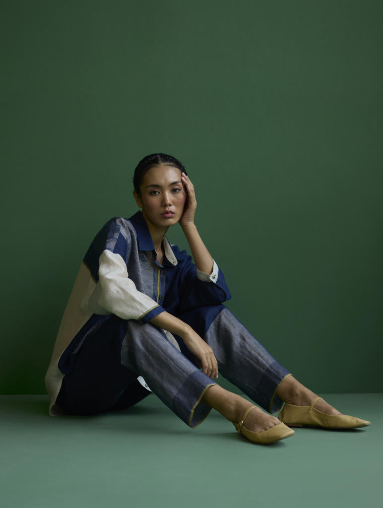 Esha Color-Blocked Shirt
 - Navy linen by Manan in navy color for women in Singapore