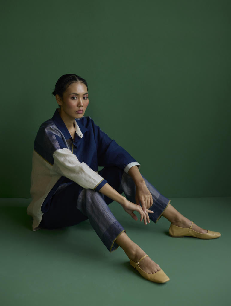 Esha Color-Blocked Shirt
 - Navy linen by Manan in navy color for women in Singapore