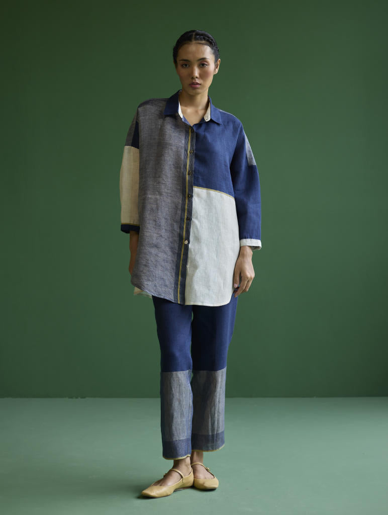 Esha Color-Blocked Shirt
 - Navy linen by Manan in navy color for women in Singapore
