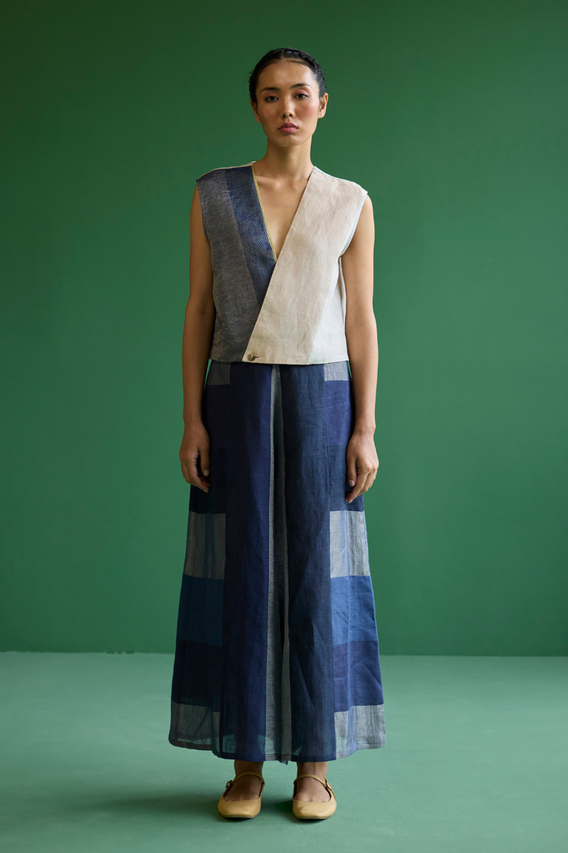 Izumi Color-Blocked Co-ord Set - Navy linen by Manan in navy color for women in Singapore