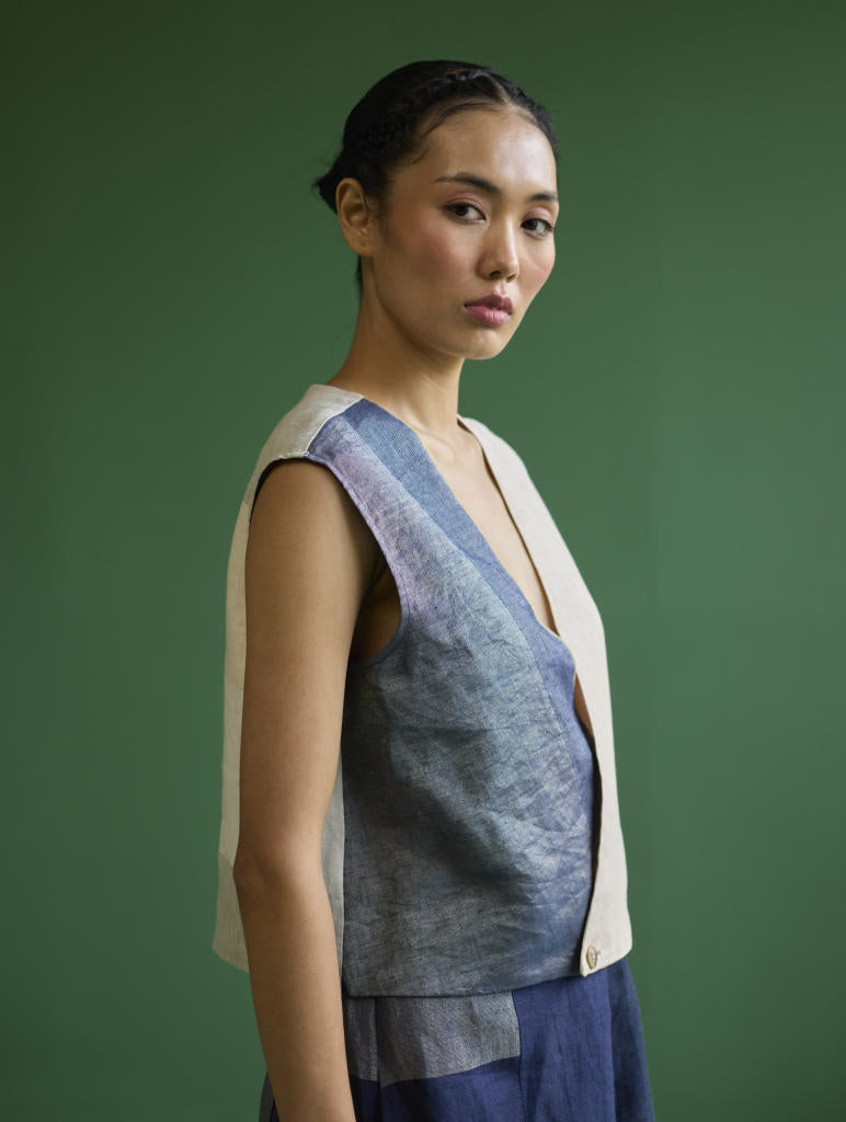 Izumi Color-Blocked Gilet Jacket - Navy linen by Manan in navy color for women in Singapore