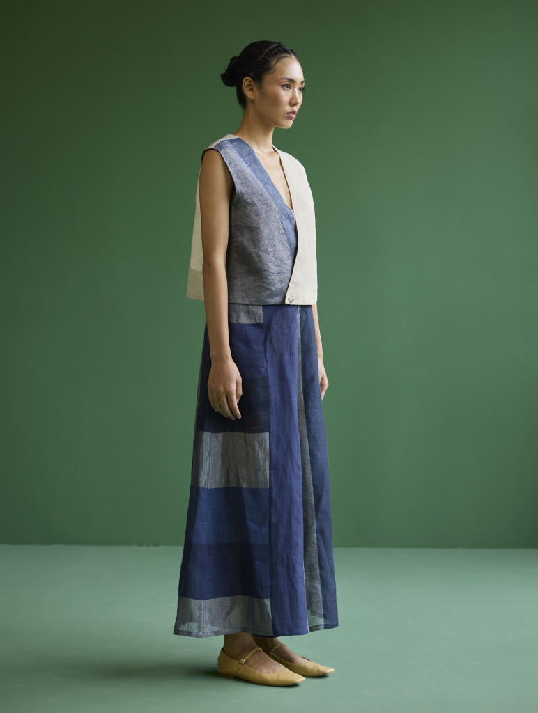 Izumi Color-Blocked Co-ord Set - Navy linen by Manan in navy color for women in Singapore