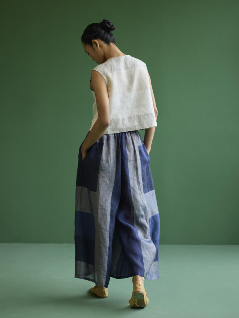 Izumi Color-Blocked Co-ord Set - Navy linen by Manan in navy color for women in Singapore