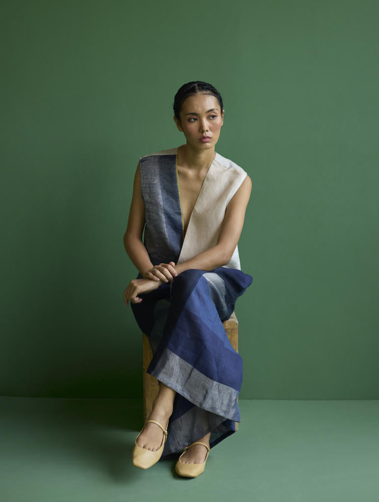 Izumi Color-Blocked Co-ord Set - Navy linen by Manan in navy color for women in Singapore