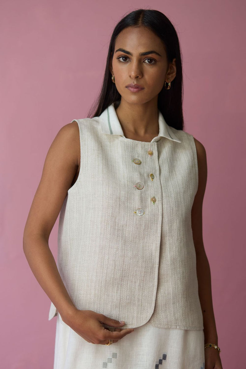 Cara Collared Jamdani Linen Co-ord Set - Ivory all linen by Manan in ivory color for women in Singapore