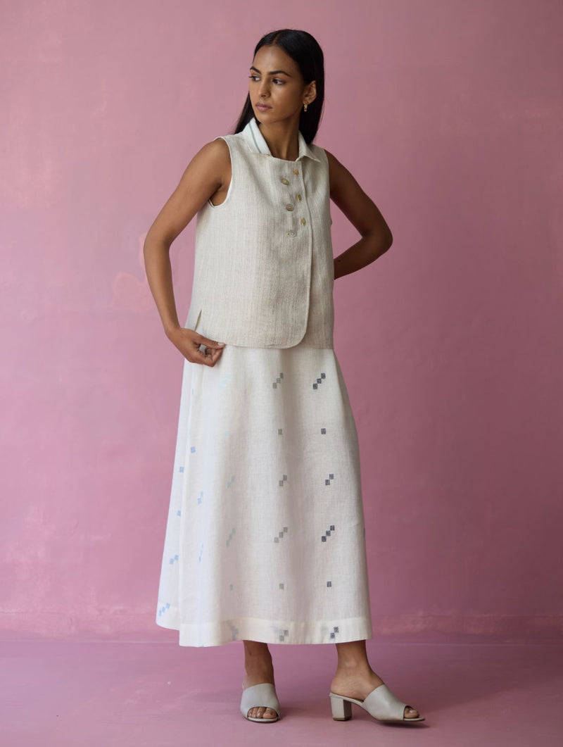 Cara Collared Jamdani Linen Co-ord Set - Ivory all linen by Manan in ivory color for women in Singapore