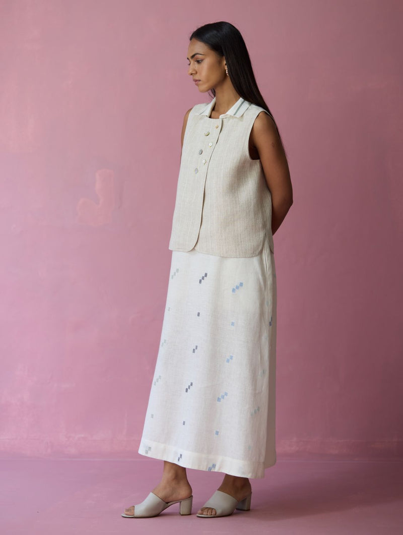 Cara Collared Jamdani Linen Co-ord Set - Ivory all linen by Manan in ivory color for women in Singapore