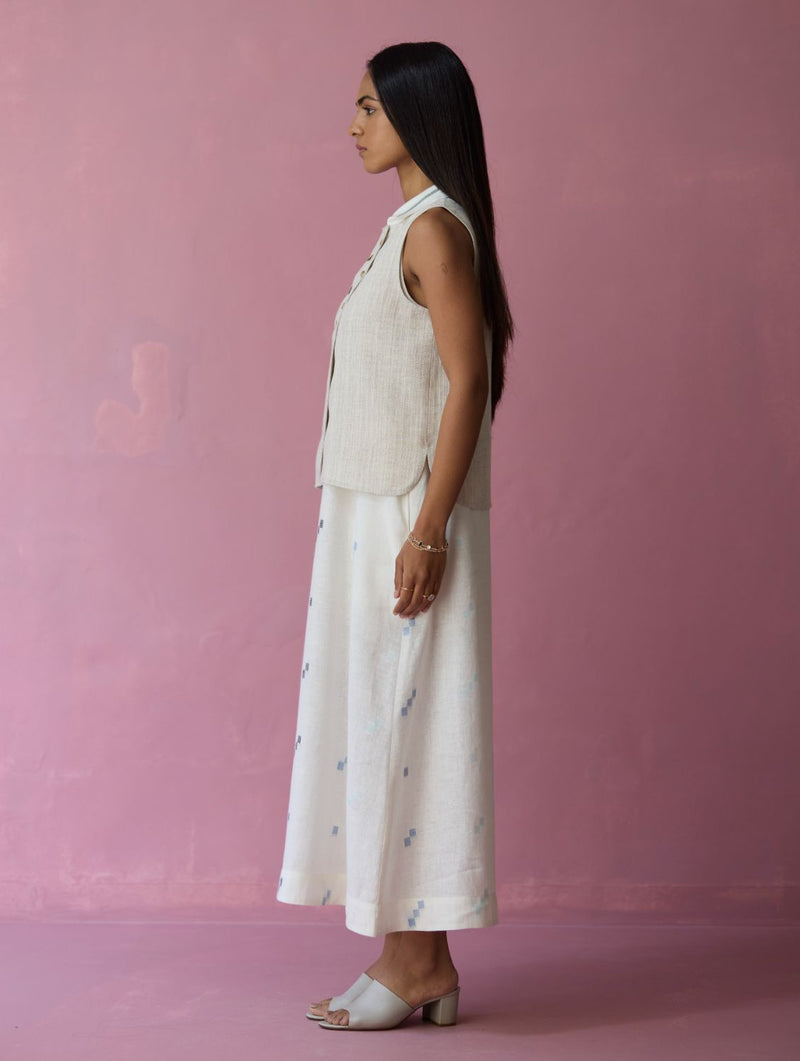 Cara Collared Jamdani Linen Co-ord Set - Ivory all linen by Manan in ivory color for women in Singapore