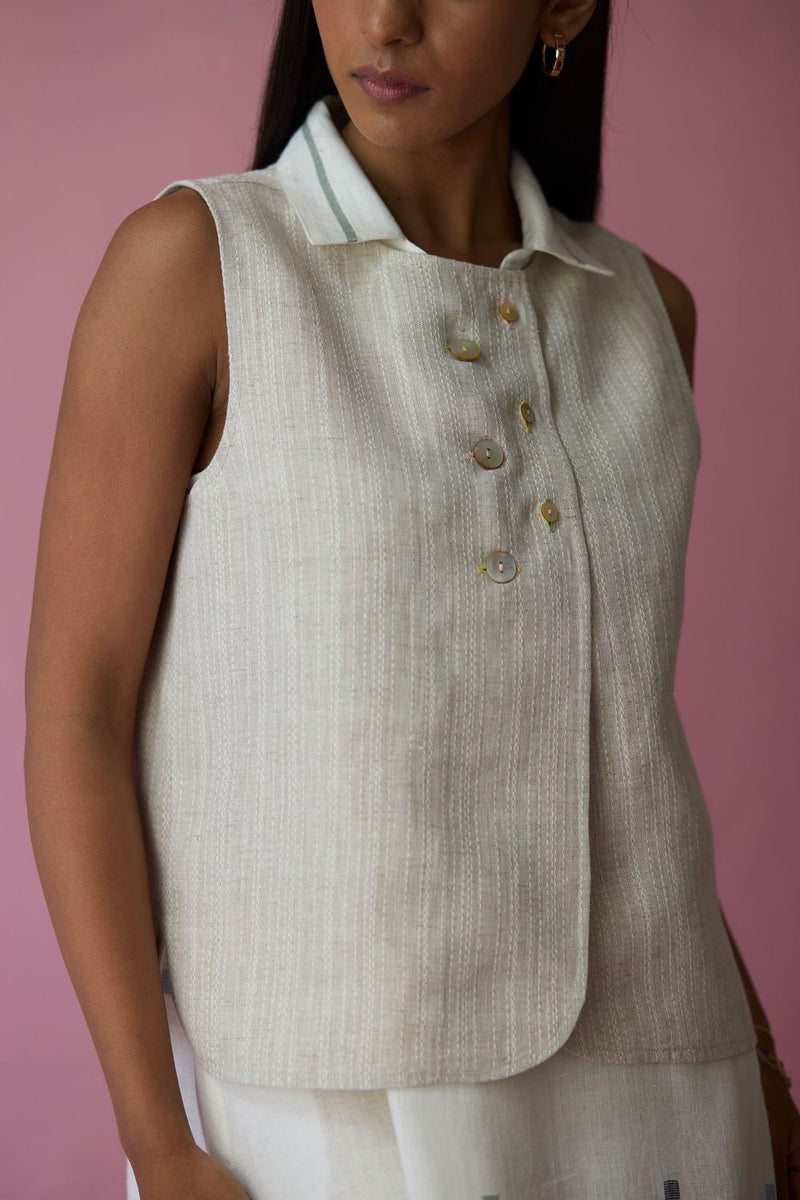 Cara Collared Jamdani Linen Co-ord Set - Ivory all linen by Manan in ivory color for women in Singapore