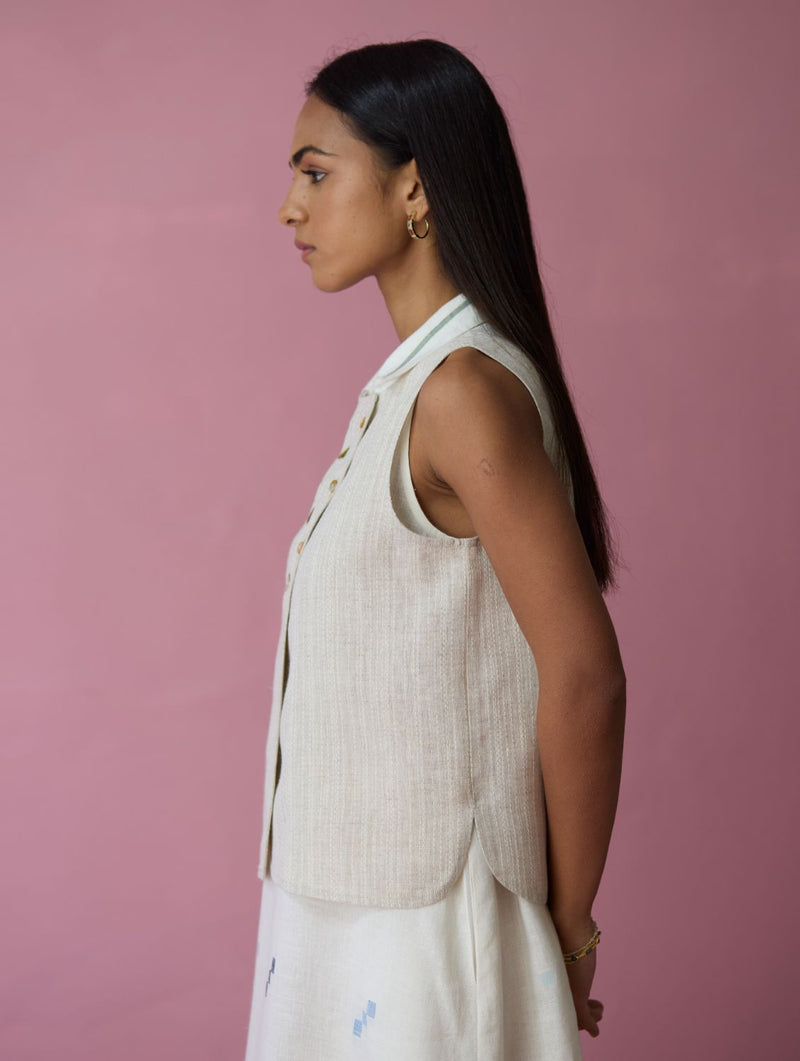 Cara Collared Jamdani Linen Co-ord Set - Ivory all linen by Manan in ivory color for women in Singapore