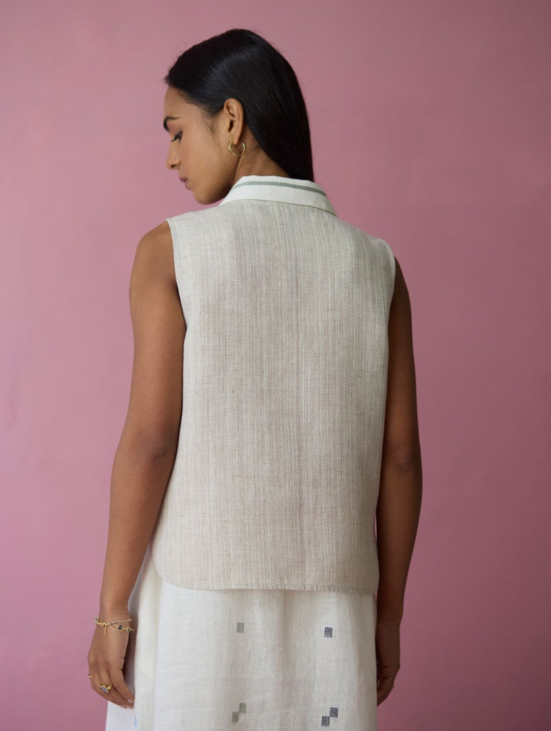 Cara Collared Jamdani Linen Co-ord Set - Ivory all linen by Manan in ivory color for women in Singapore