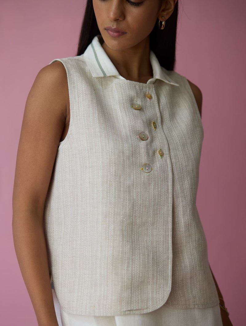 Cara Collared Jamdani Linen Co-ord Set - Ivory all linen by Manan in ivory color for women in Singapore