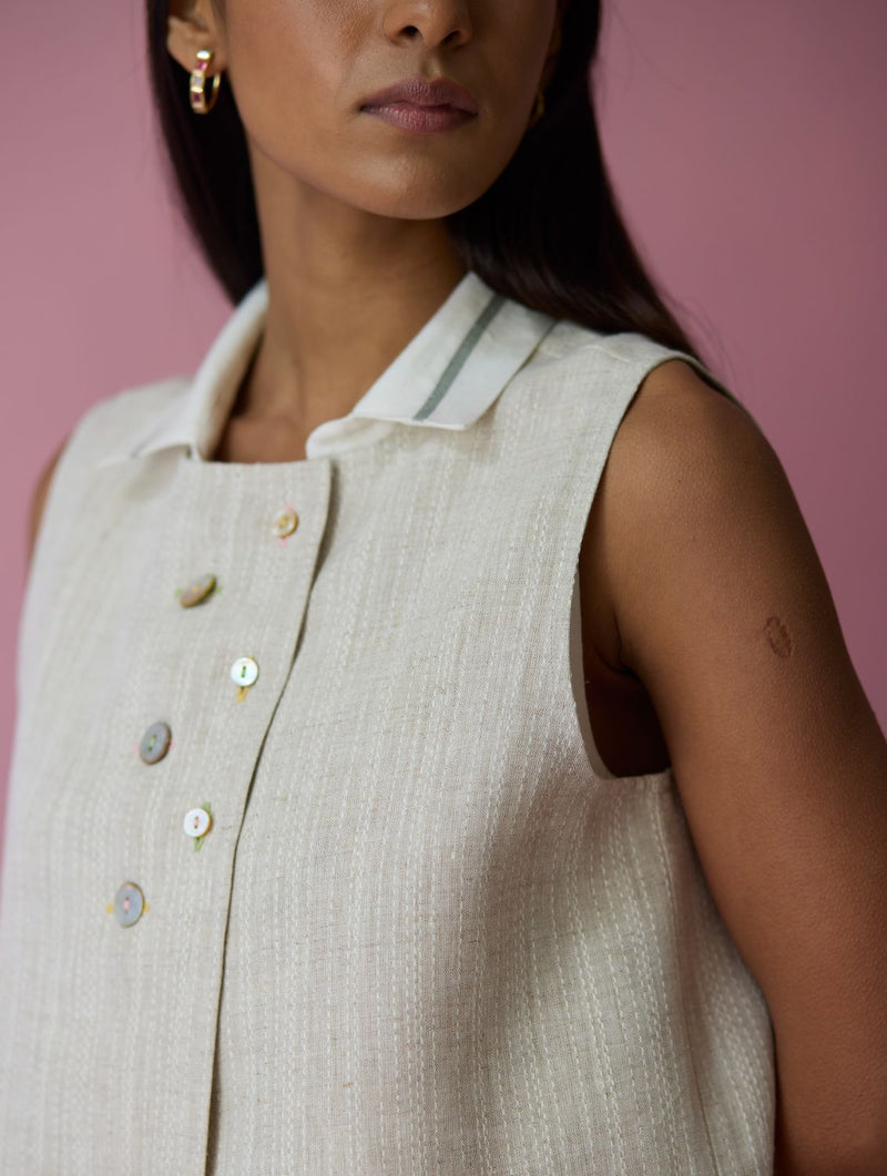 Cara Collared Jamdani Linen Co-ord Set - Ivory all linen by Manan in ivory color for women in Singapore