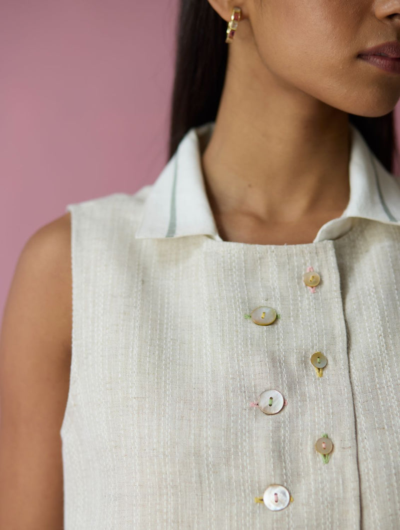 Cara Collared Jamdani Linen Co-ord Set - Ivory all linen by Manan in ivory color for women in Singapore
