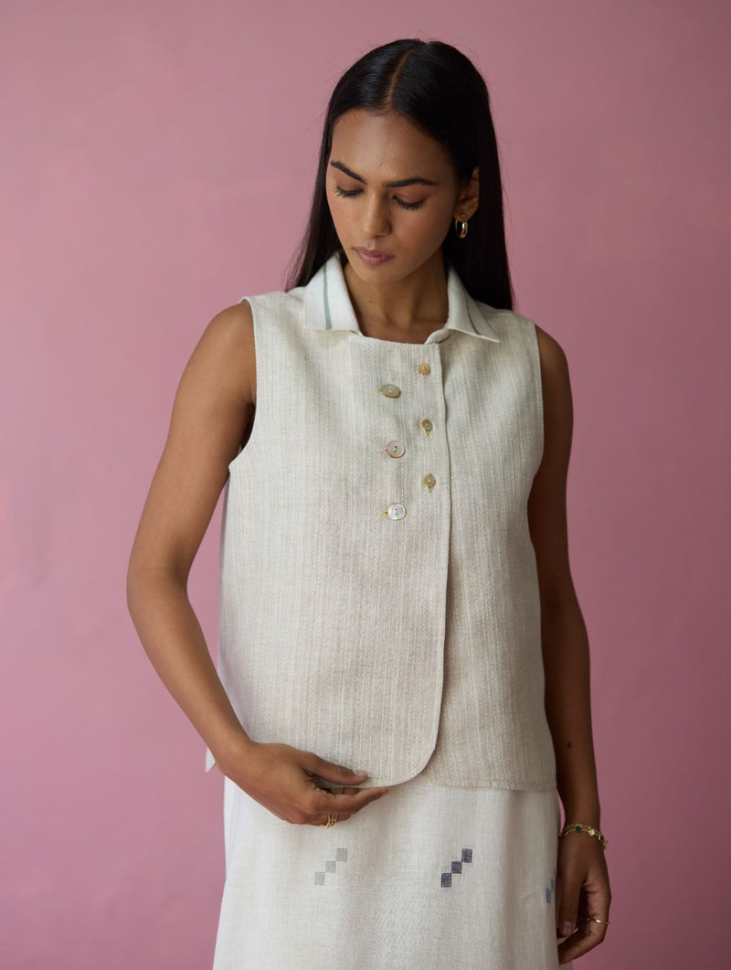 Cara Collared Jamdani Linen Co-ord Set - Ivory all linen by Manan in ivory color for women in Singapore