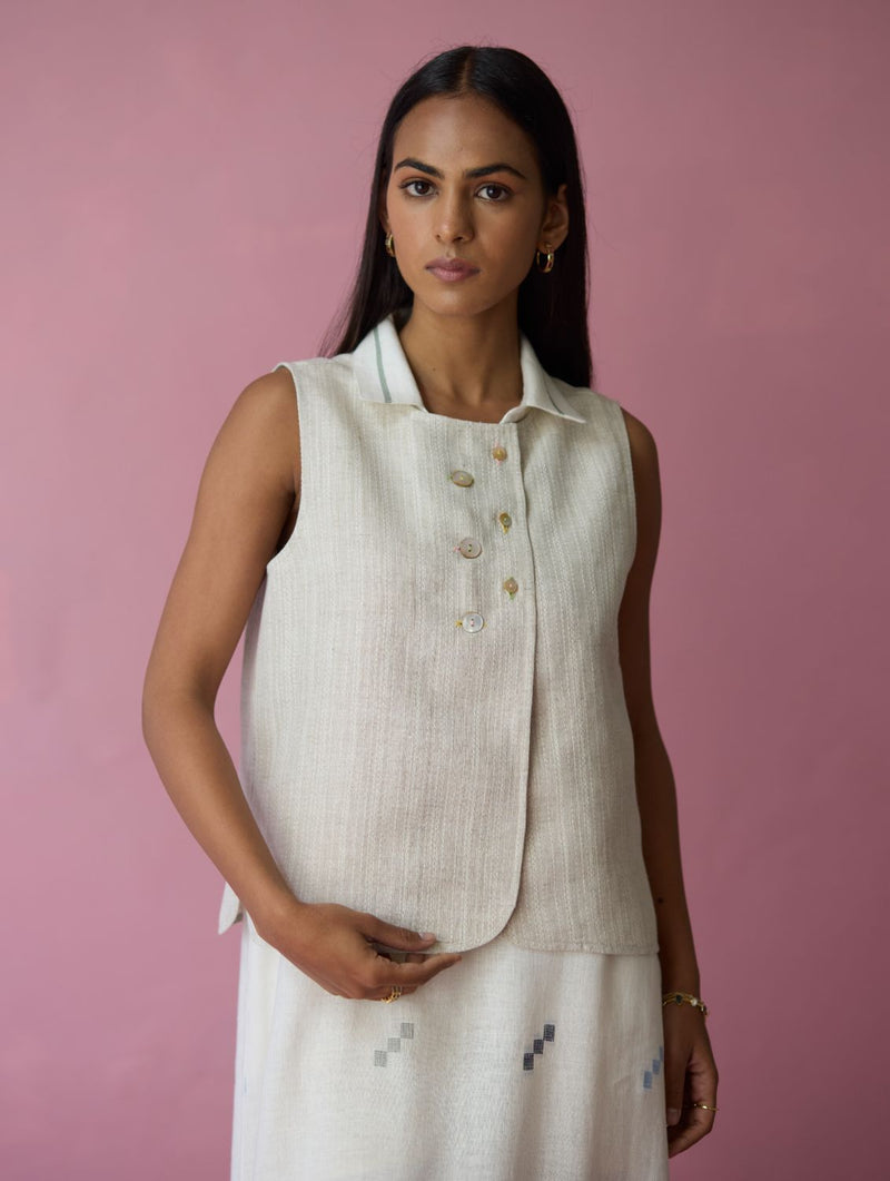 Cara Collared Jamdani Linen Co-ord Set - Ivory all linen by Manan in ivory color for women in Singapore