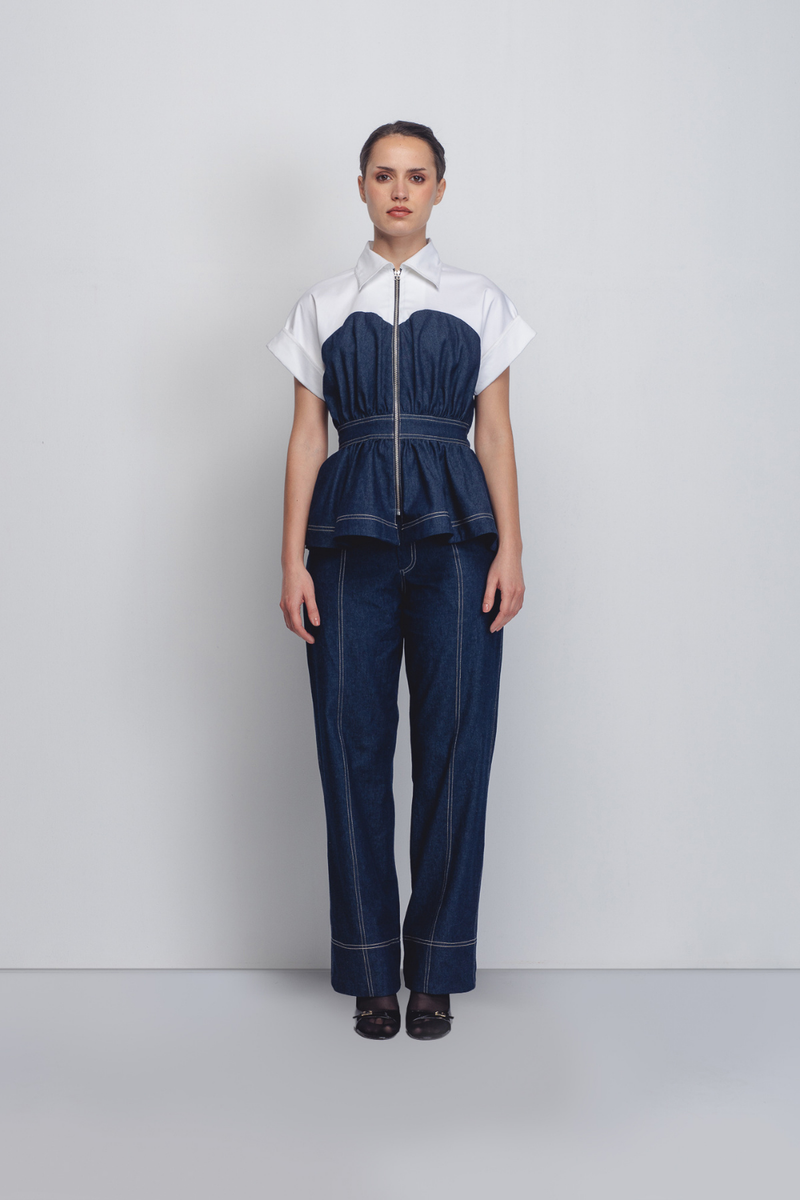 Cup Zipper Top - Denim Blue + White cotton Buy Cup Zipper Top - Denim Blue + White from C&W | Tops And Shirts for Women by Leh Studios in white color for women in Singapore