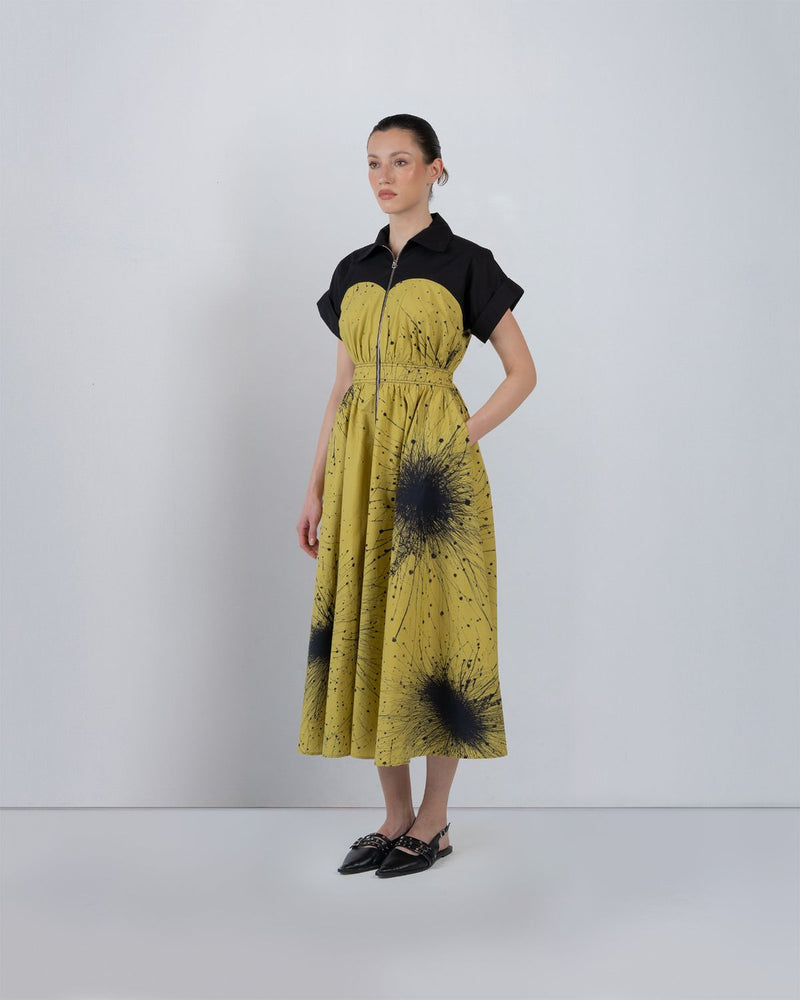 CUP ZIPPER DRESS - Black + Lime Yellow dress by Leh Studios in black for women in Singapore