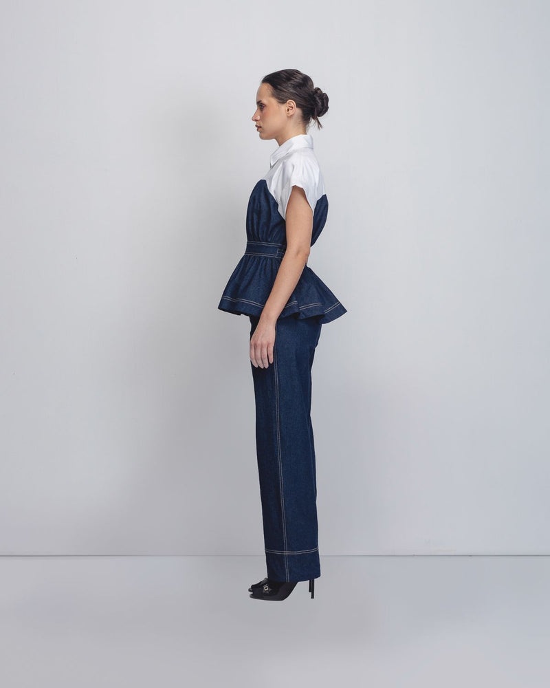 Cup Zipper Top - Denim Blue + White cotton Buy Cup Zipper Top - Denim Blue + White from C&W | Tops And Shirts for Women by Leh Studios in white color for women in Singapore