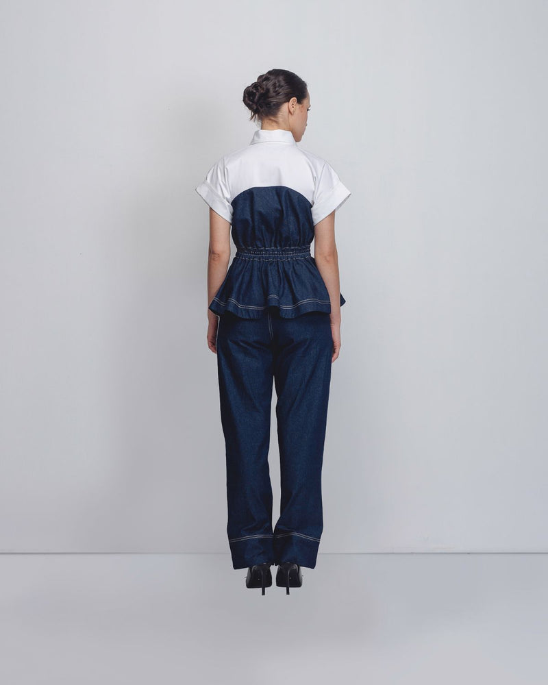 Cup Zipper Top - Denim Blue + White cotton Buy Cup Zipper Top - Denim Blue + White from C&W | Tops And Shirts for Women by Leh Studios in white color for women in Singapore